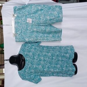 NWT CROFT&BARROW Women Mid Rise Stretchy Floral Blue Bermuda Shorts set, M, teal